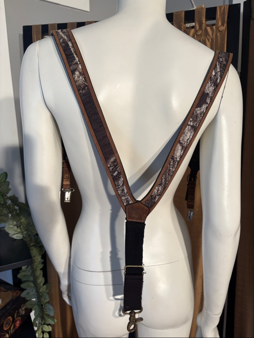 Brown Leather & Fabric Suspender Straps